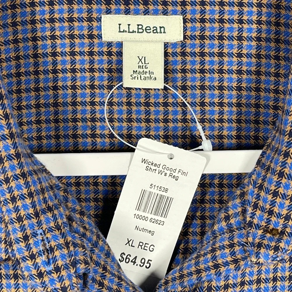 L.L. Bean Wicked Good Flannel Shirt Men‎ XL Nutmeg Blue Brown Houndstooth New